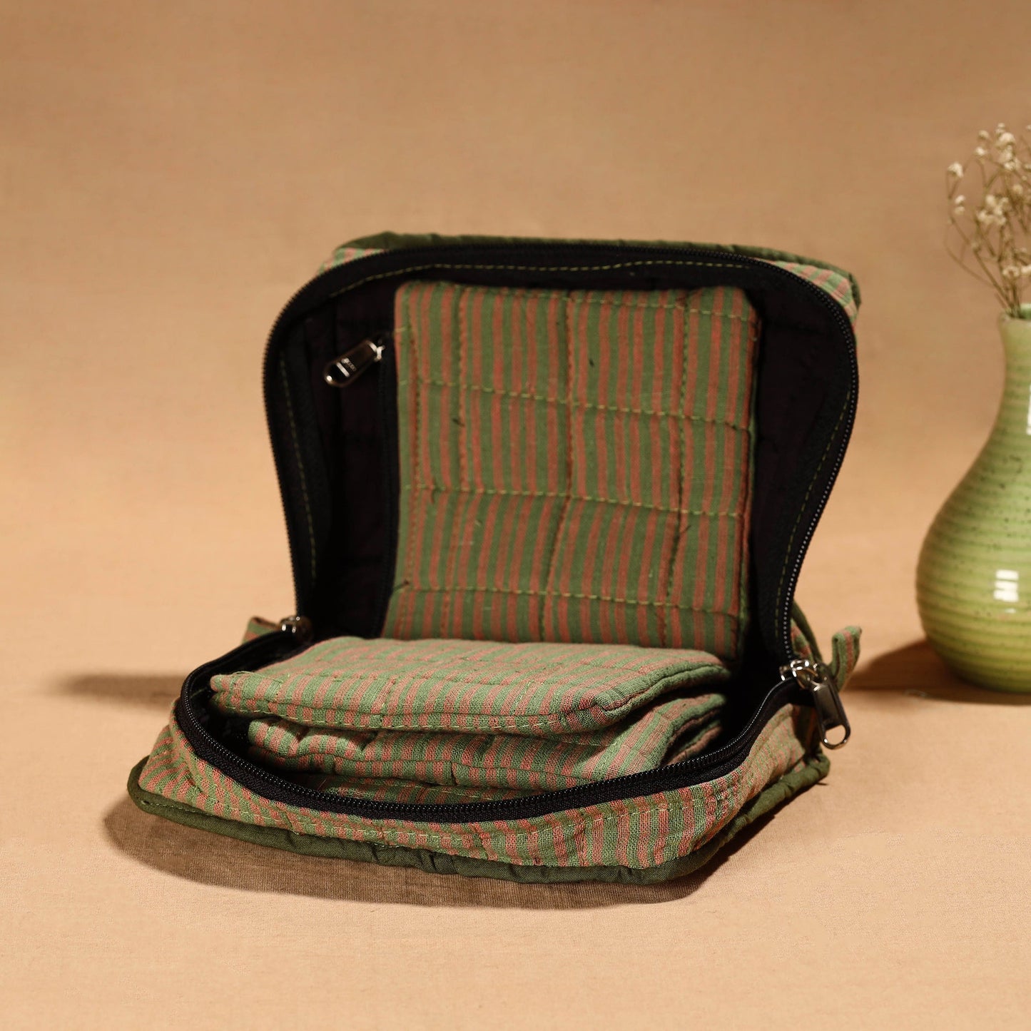 Green Handmade Cotton Jewelry Organizer Bag for Travel 