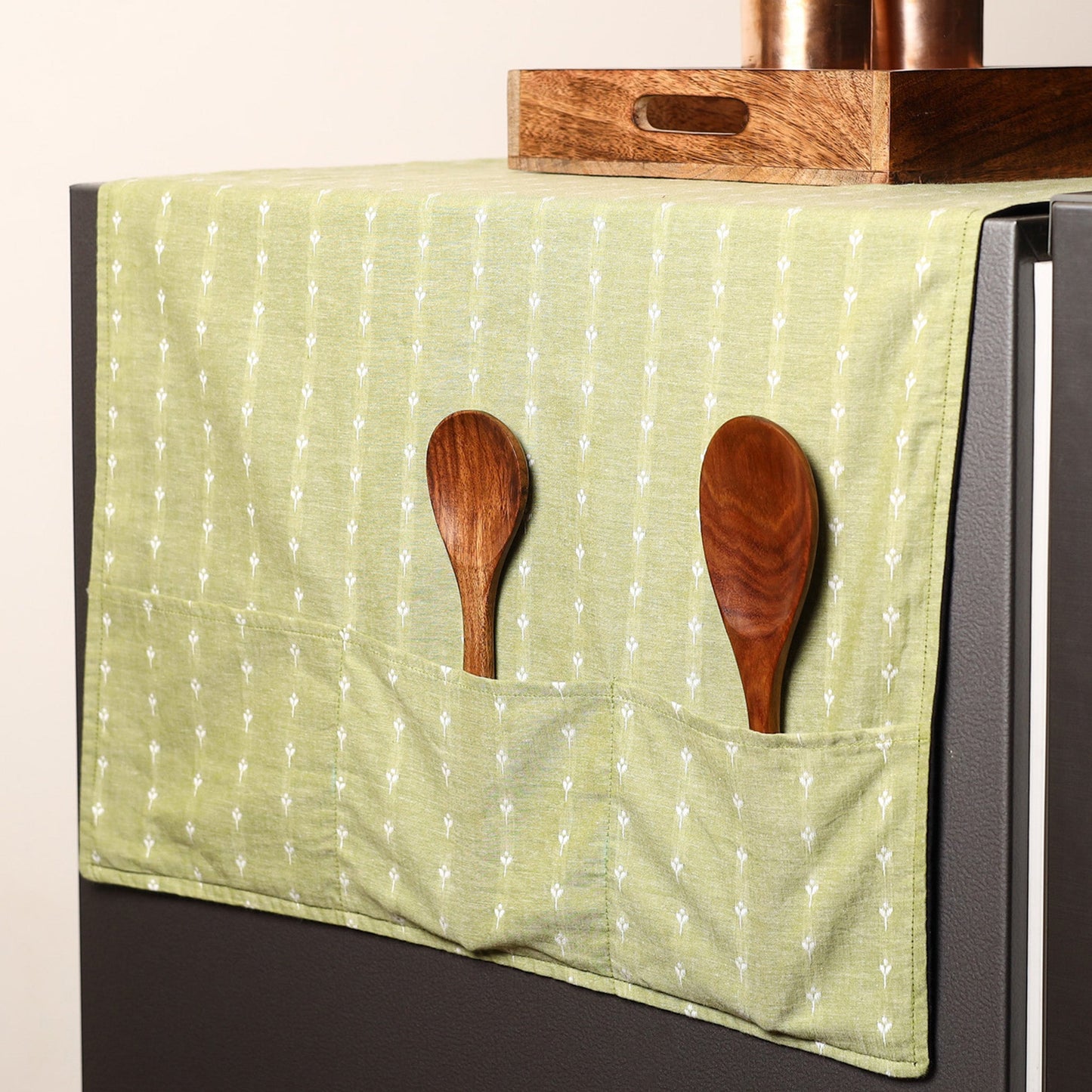 Green Handmade Cotton Fridge Top Cover with Multiple Pockets