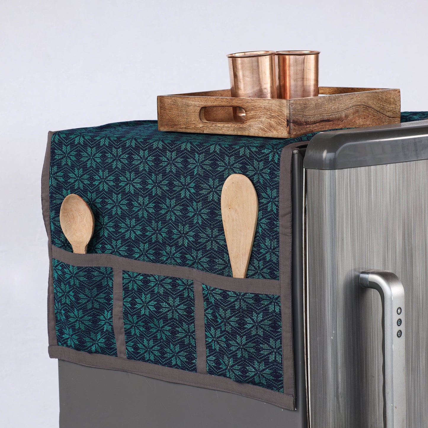Block Printed Cotton Fridge Top Cover with Multiple Pockets