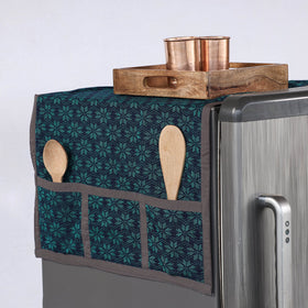 Block Printed Cotton Fridge Top Cover with Multiple Pockets