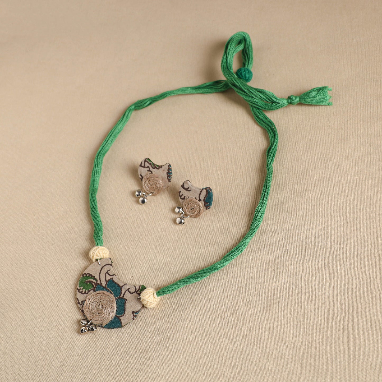 Green - handmade fabart jute necklace set 23 - handcrafted