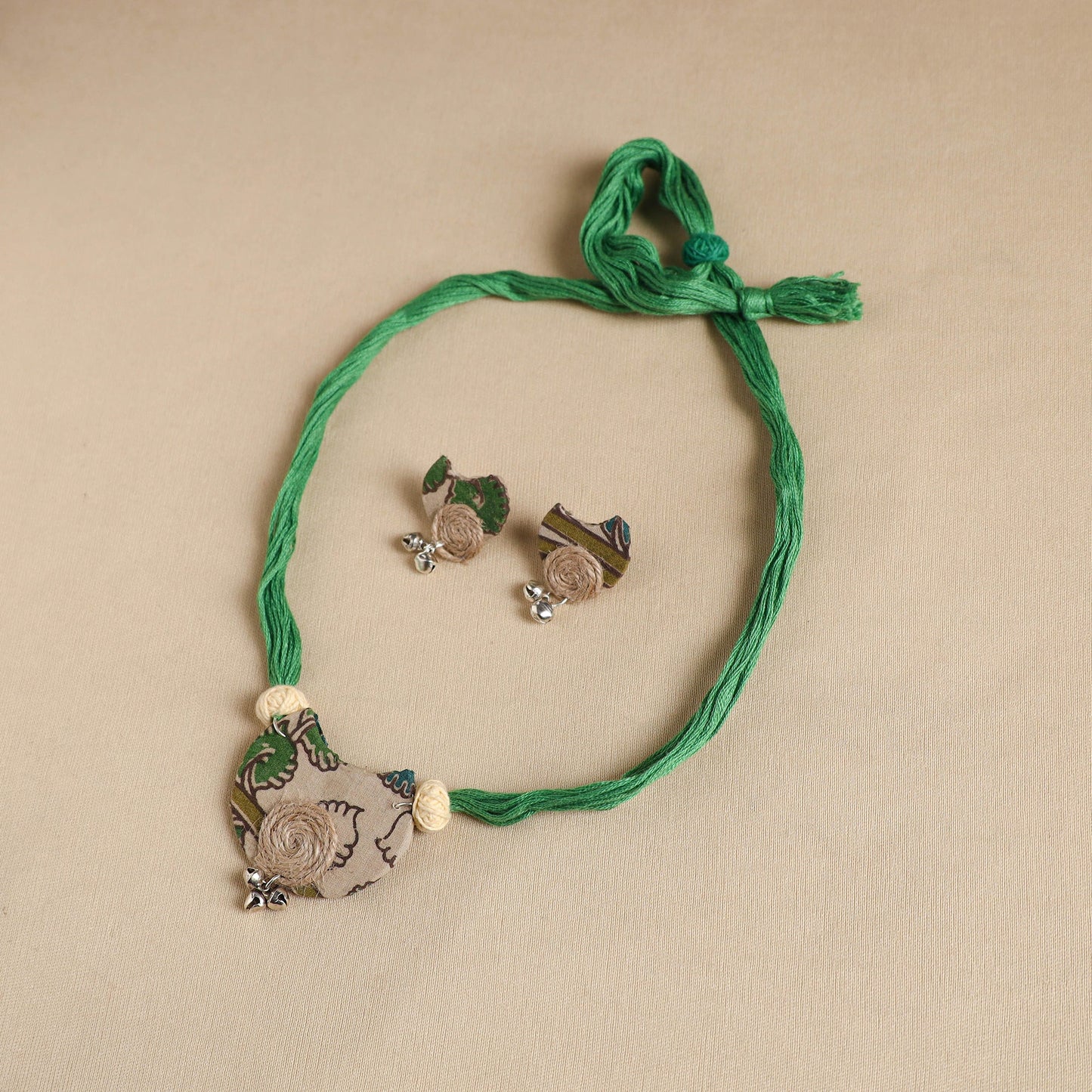 Green - handmade fabart jute necklace set 25 - handcrafted