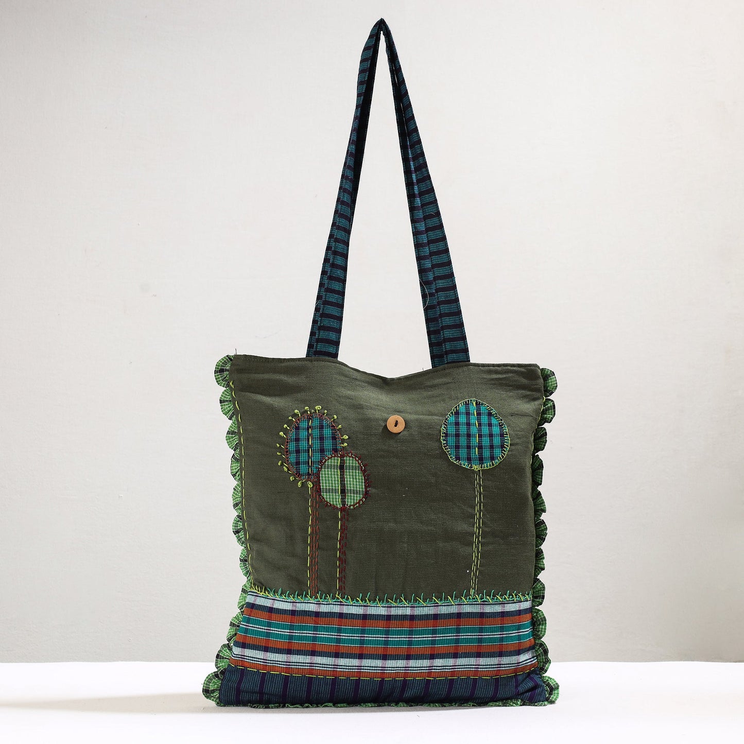 Green Handmade Gamcha Fabric Embroidered Applique Work Hand Bag
