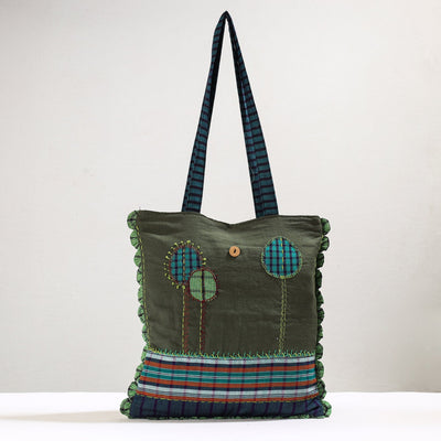 Green Handmade Gamcha Fabric Embroidered Applique Work Hand Bag