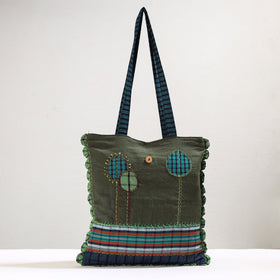 Green Handmade Gamcha Fabric Embroidered Applique Work Hand Bag