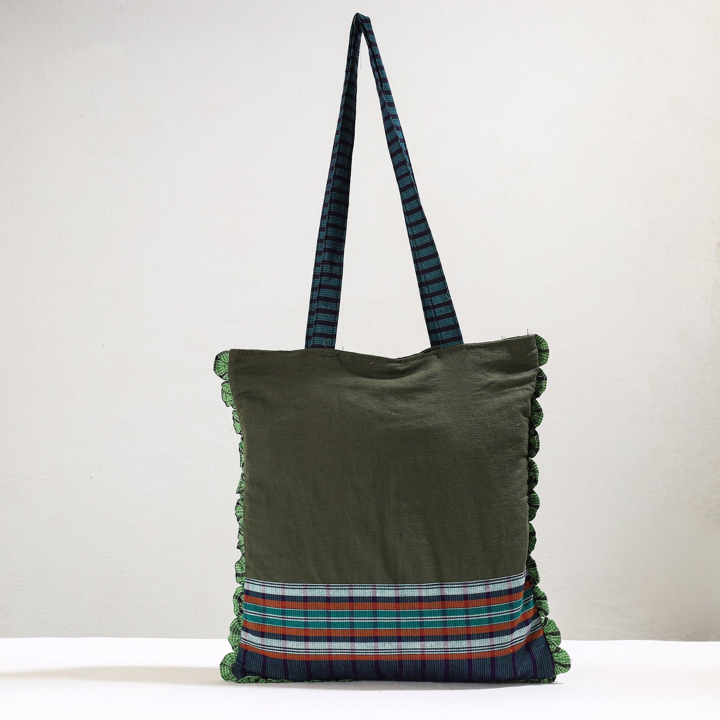 Green Handmade Gamcha Fabric Embroidered Applique Work Hand Bag