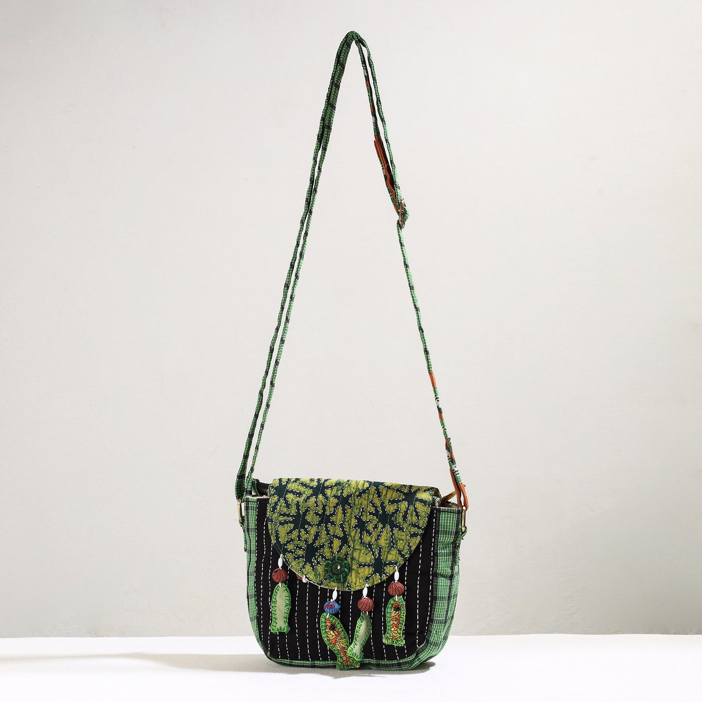  Handmade Gamcha Fabric Kantha Work Canvas Cotton Sling Bag 