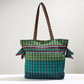 Green Handmade Gamcha Fabric Kantha Work Tote Bag