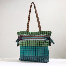 Green Handmade Gamcha Fabric Kantha Work Tote Bag