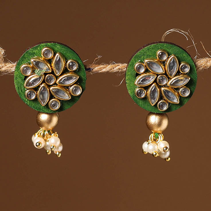 Green Handmade Kundan Work Earrings