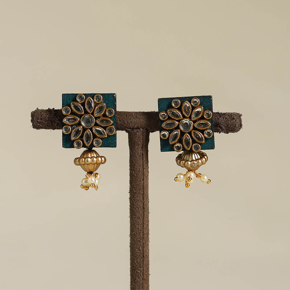 Green - handmade kundan work earrings 44 - handcrafted
