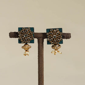 Green - handmade kundan work earrings 44 - handcrafted
