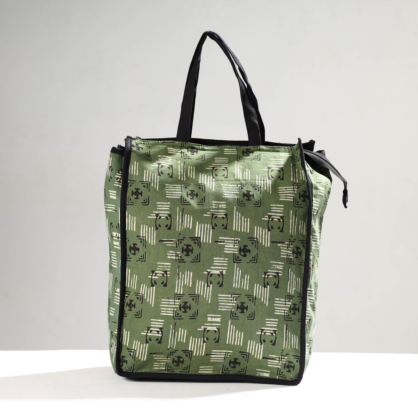 Green Handmade Pipad Block Printed Cotton Shopping Bag