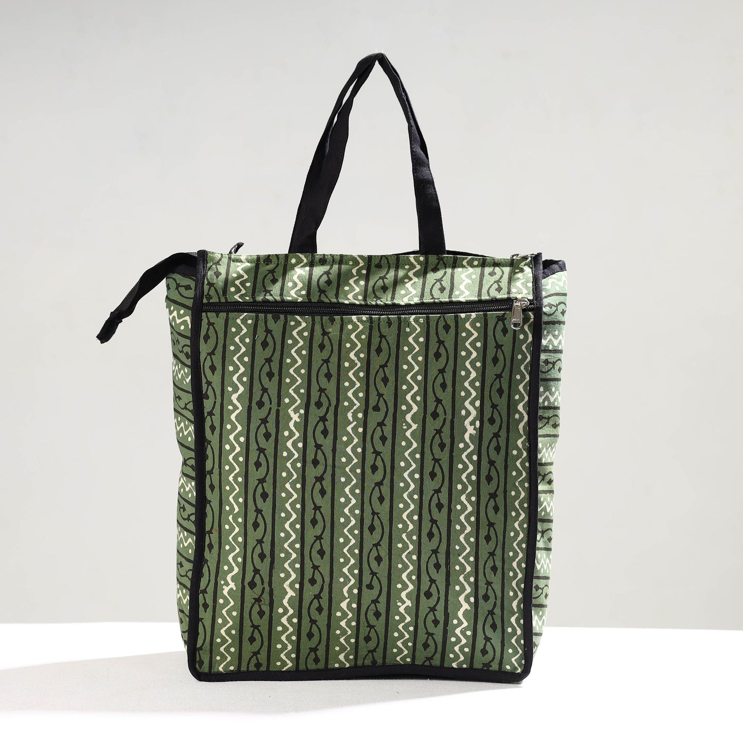 Green Handmade Pipad Block Printed Cotton Shopping Bag