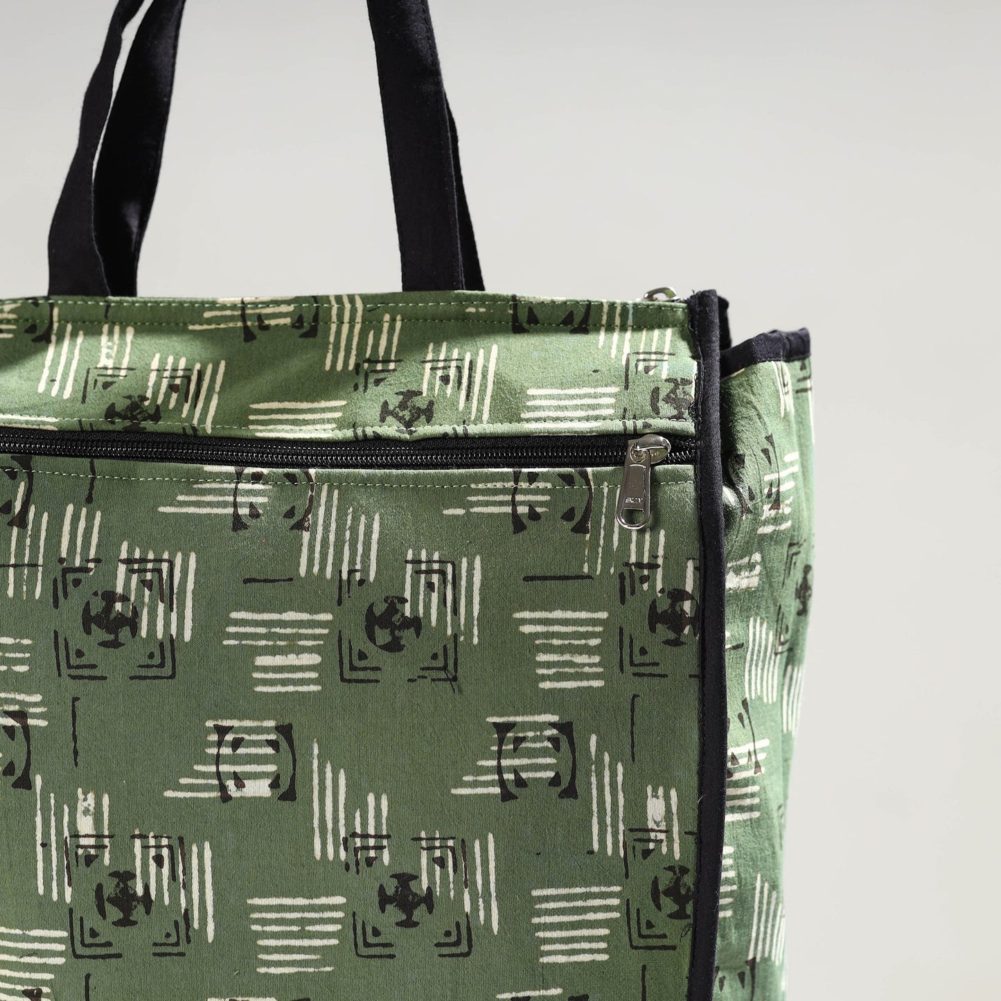 Green Handmade Pipad Block Printed Cotton Shopping Bag