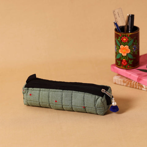 Green Handmade Quilted Cotton Pencil Pouch