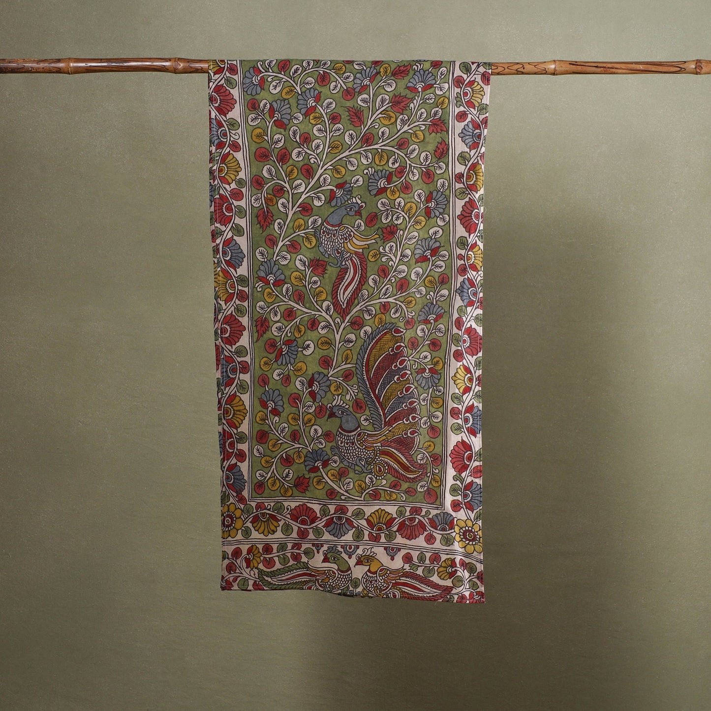Green Handpainted Cotton Kalamkari Stole