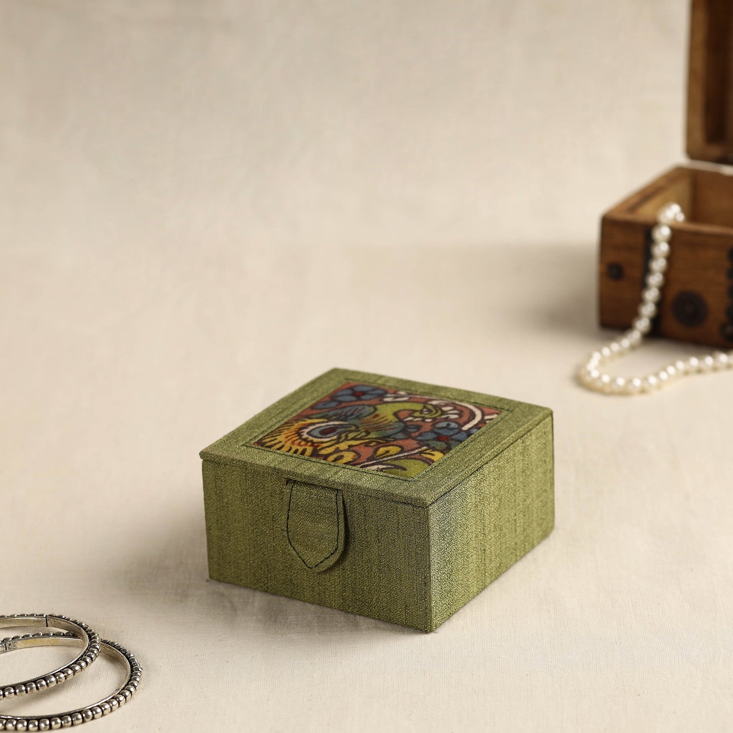 Green Kalamkari Ghicha Silk Handpainted Natural Dyed Bangle Box