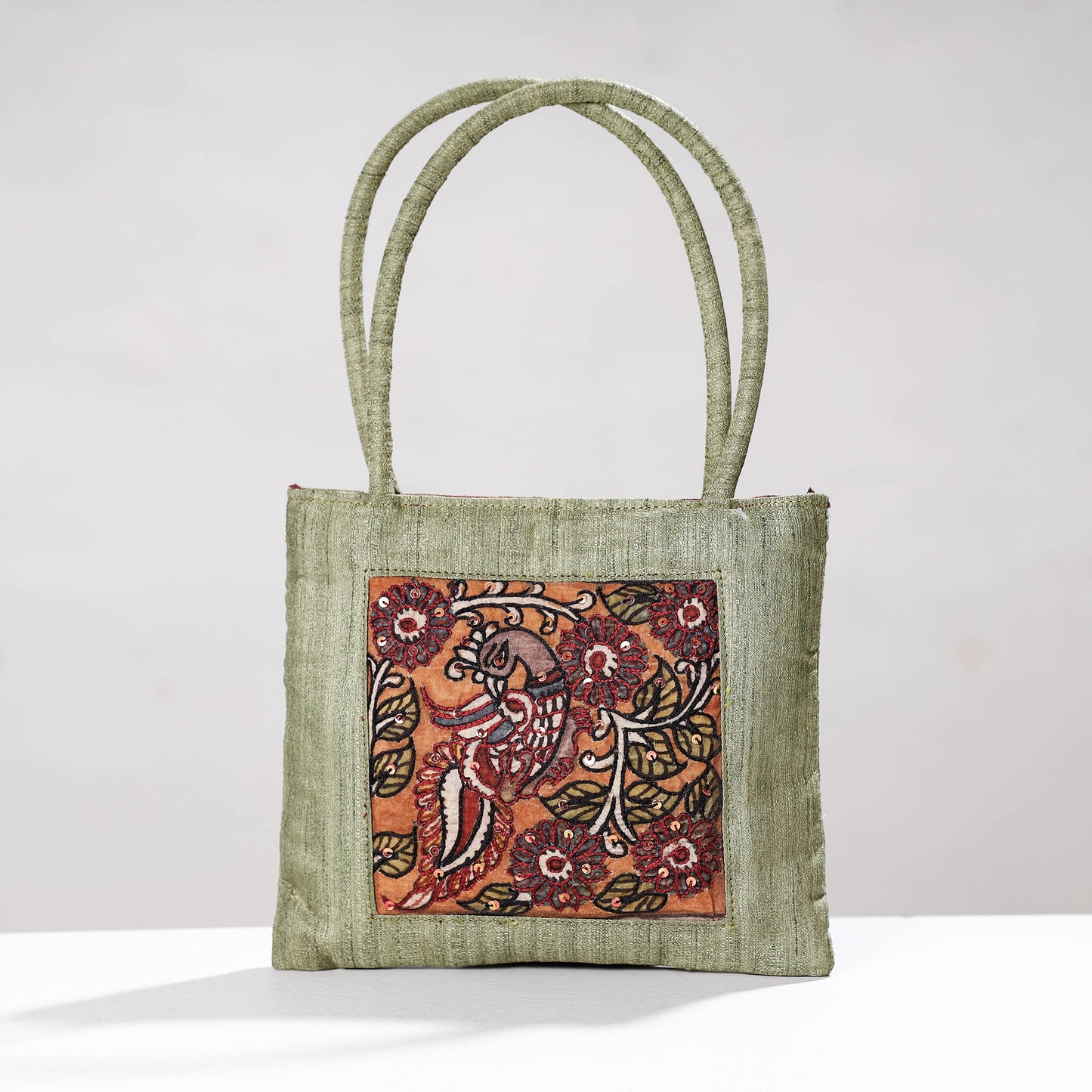 Green Handpainted Kalamkari Ghicha Silk Hand Bag