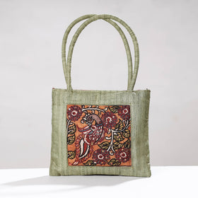 Green Handpainted Kalamkari Ghicha Silk Hand Bag
