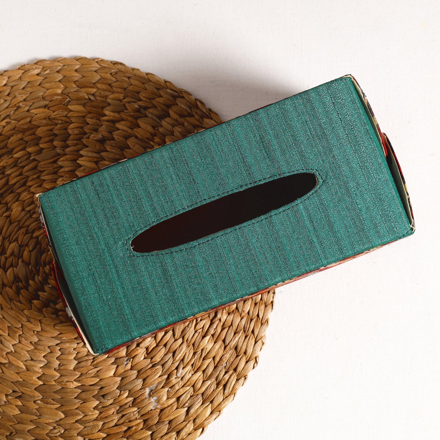 Green Handpainted Kalamkari Natural Dyed Cotton Tissue Box 