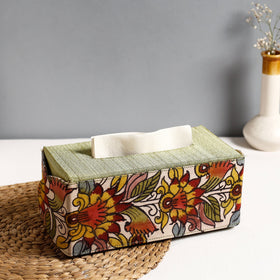 Green Handpainted Kalamkari Natural Dyed Cotton Tissue Box 