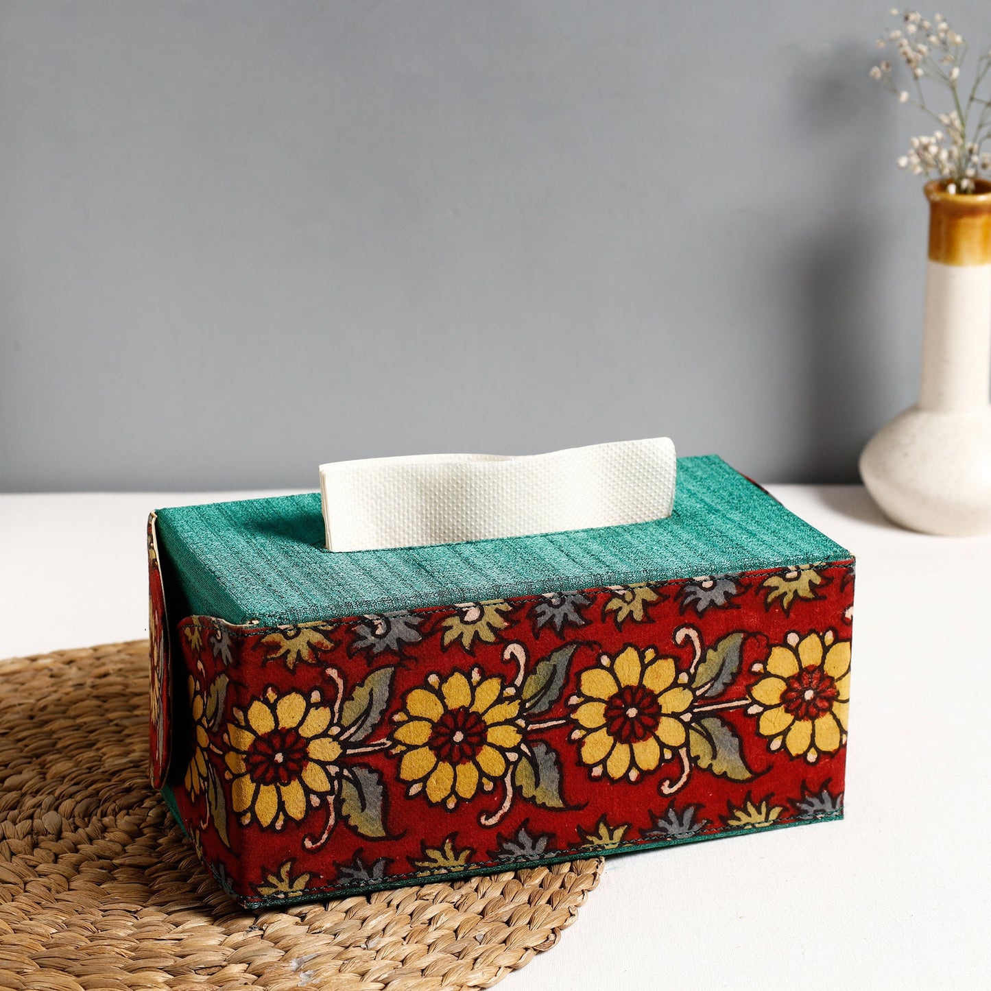 Green Handpainted Kalamkari Natural Dyed Cotton Tissue Box 