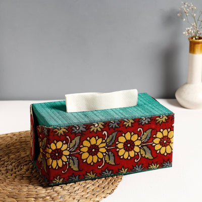 Green Handpainted Kalamkari Natural Dyed Cotton Tissue Box 