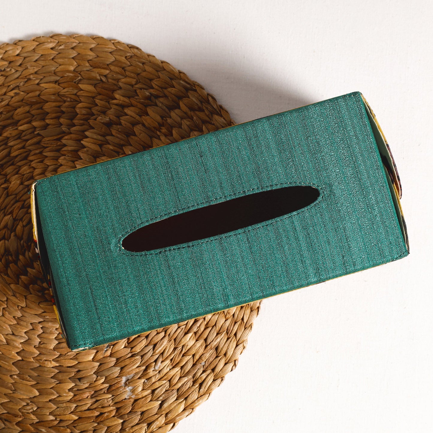 Green Handpainted Kalamkari Natural Dyed Cotton Tissue Box 