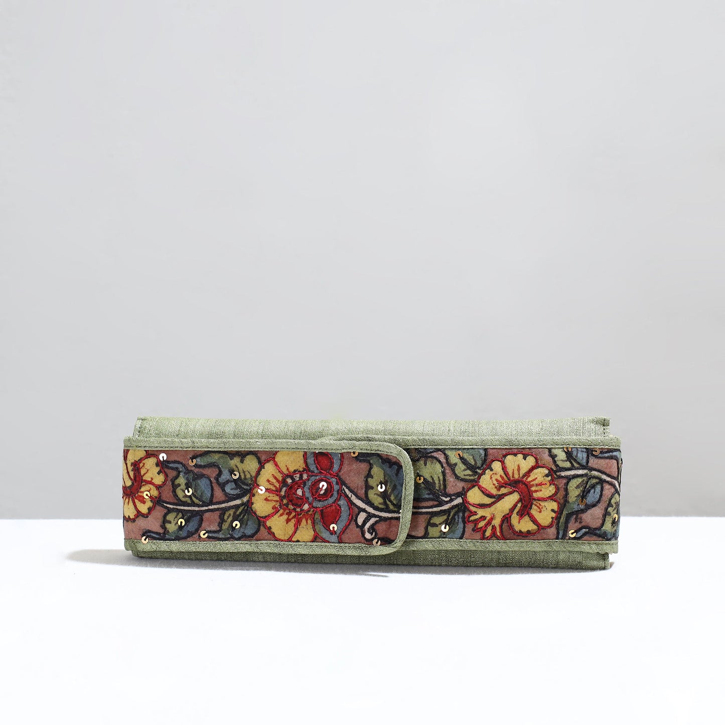 Green Handpainted Kalamkari Natural Dyed Ghicha Silk Earrings Pouch 18 