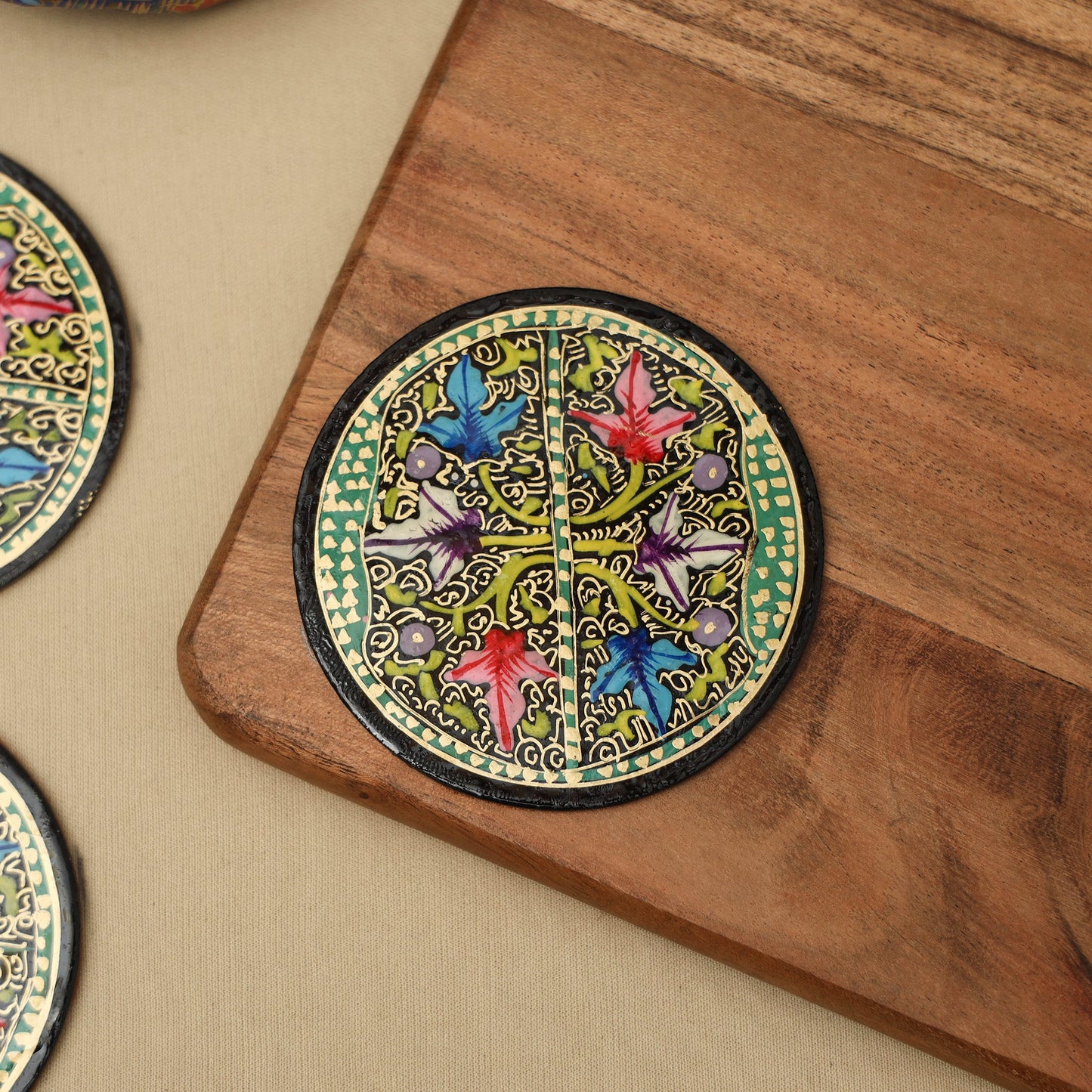 Green - handpainted paper mache coaster with box (set of 6)