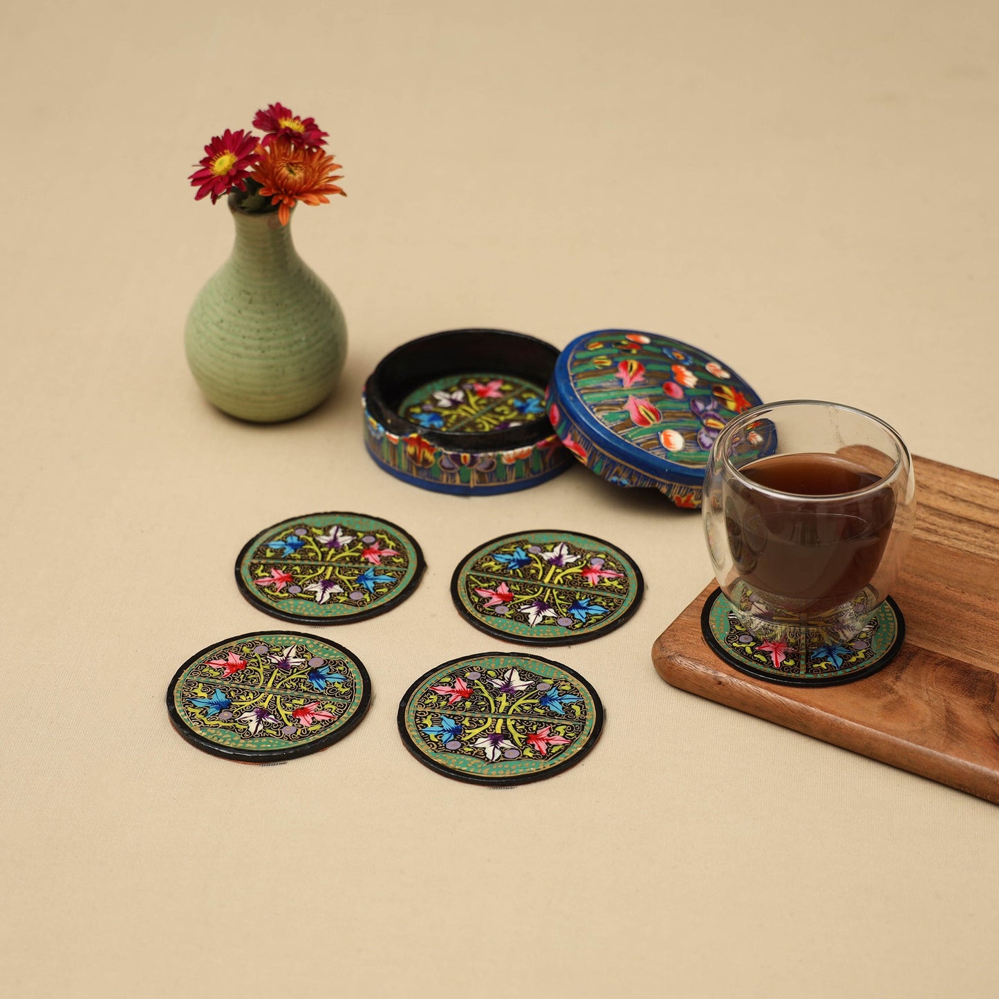 Green - handpainted paper mache coaster with box (set of 6)