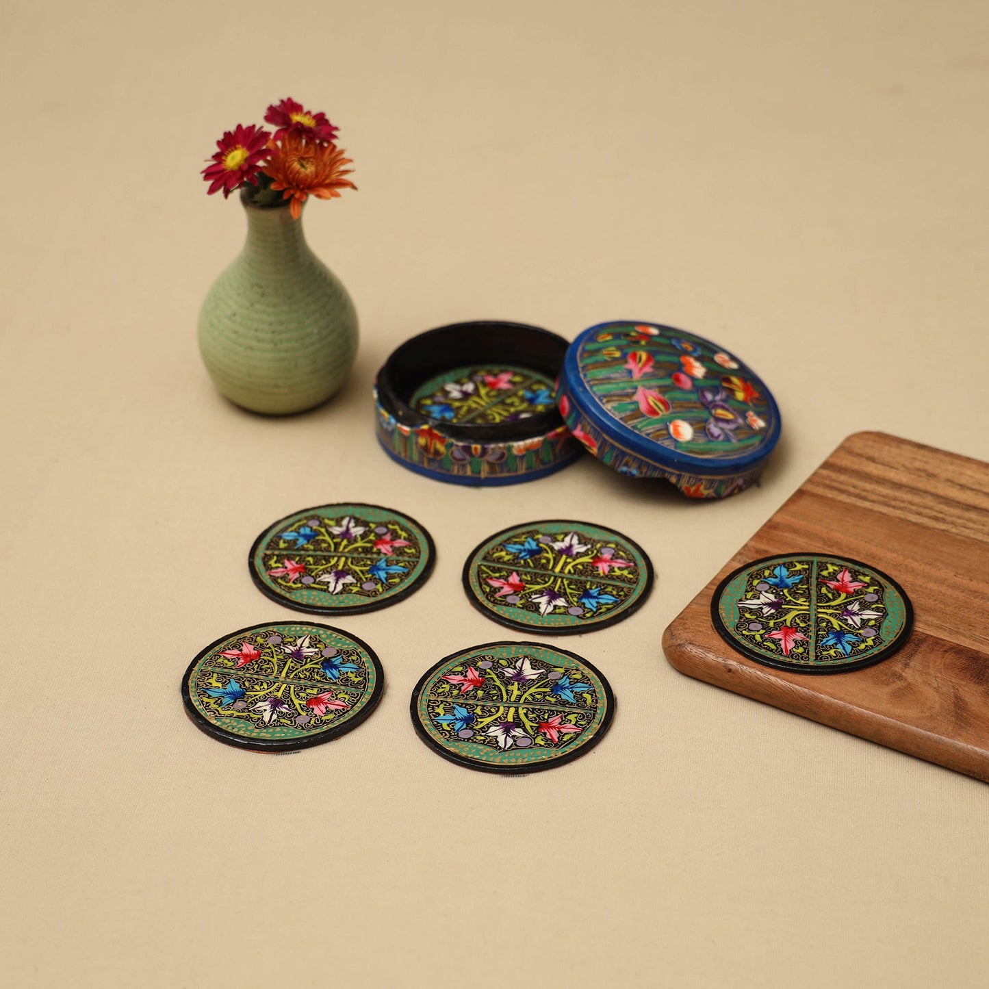 Green - handpainted paper mache coaster with box (set of 6)