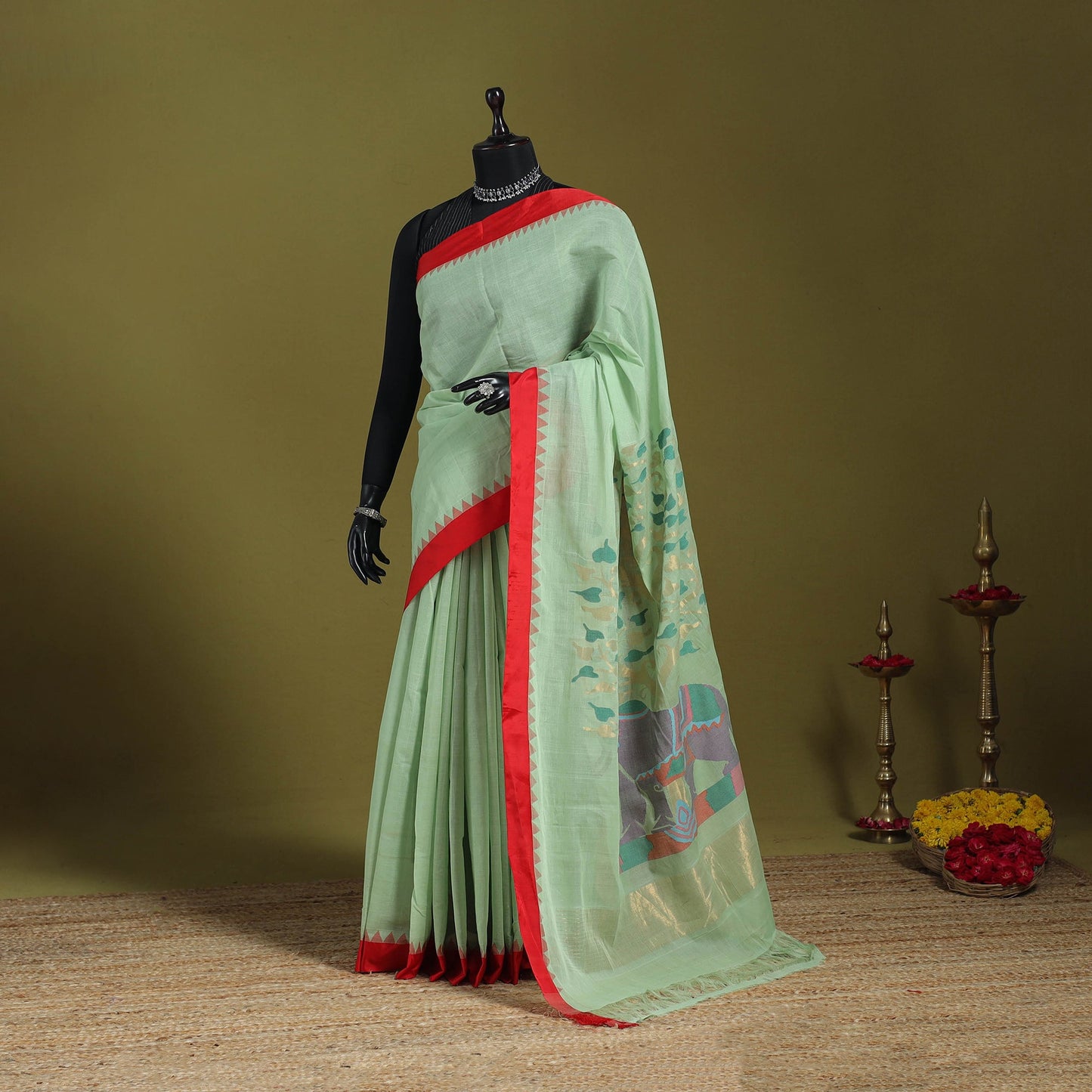 Green - handspun handloom buta fine cotton jamdani saree 44