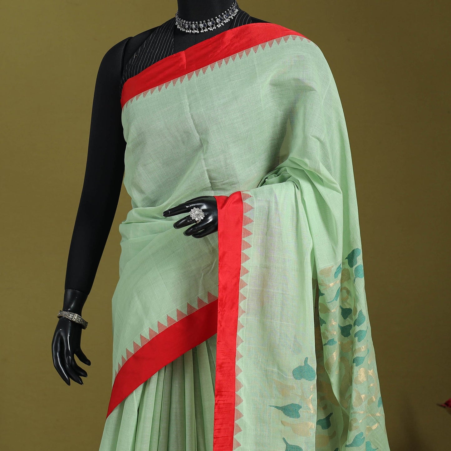 Green - handspun handloom buta fine cotton jamdani saree 44