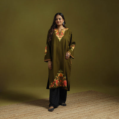 Green - handwoven aari embroidered kashmiri merino wool