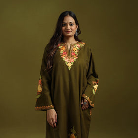 Green - handwoven aari embroidered kashmiri merino wool