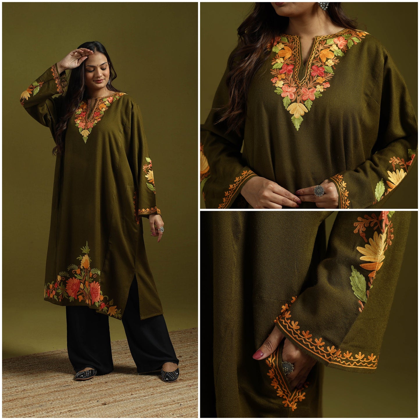 Green - handwoven aari embroidered kashmiri merino wool