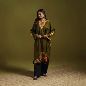 Green - handwoven aari embroidered kashmiri merino wool