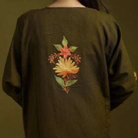 Green - handwoven aari embroidered kashmiri merino wool