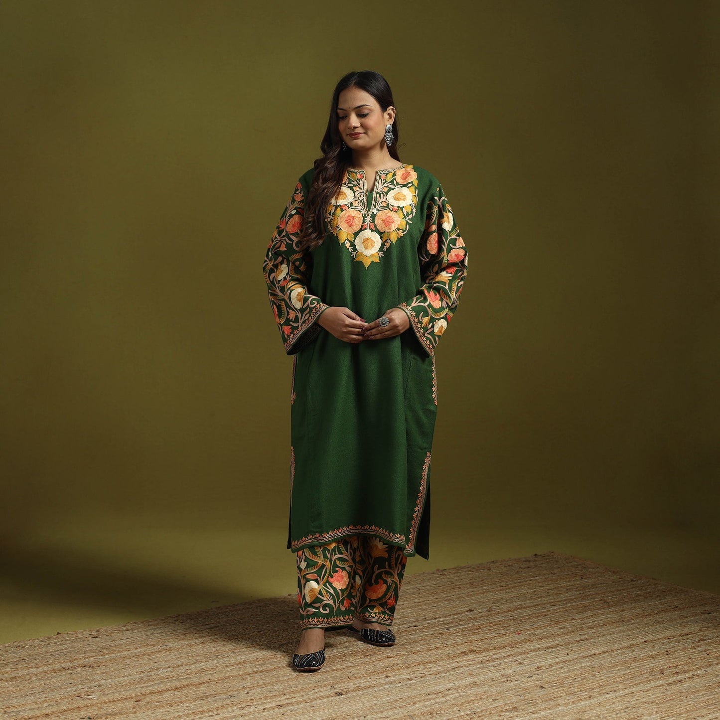 Green - handwoven aari embroidered kashmiri merino wool