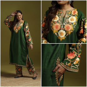 Green - handwoven aari embroidered kashmiri merino wool