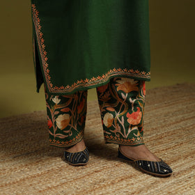 Green - handwoven aari embroidered kashmiri merino wool