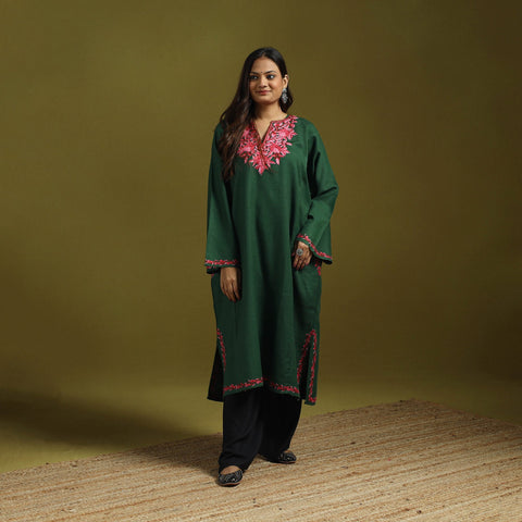 Green - handwoven aari hand embroidered kashmiri merino