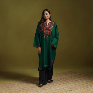 Green - handwoven aari hand embroidered kashmiri merino