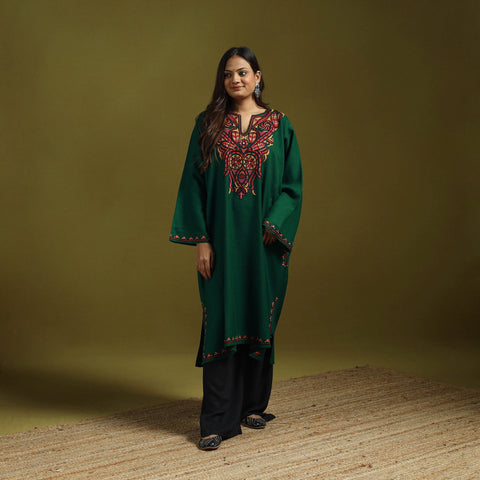 Green - handwoven aari hand embroidered kashmiri merino