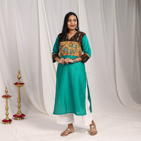 Green Haniya Slub Silk Straight Plain Kurta with Patchwork 