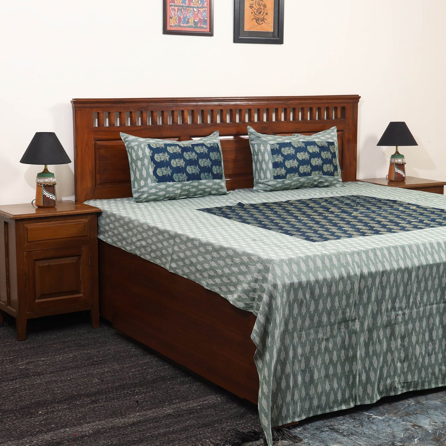 Green - ikat with modal silk patch cotton bedsheet set 30
