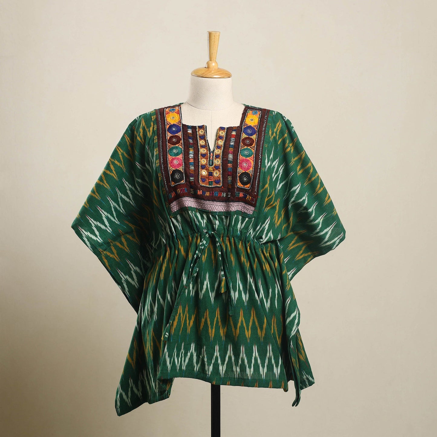 Buy Green Ikat Cotton Kaftan with Desert Thread Embroidery