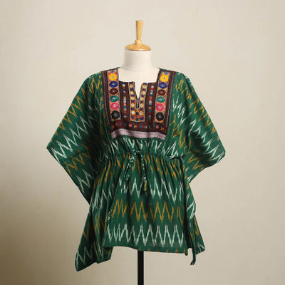 Buy Green Ikat Cotton Kaftan with Desert Thread Embroidery